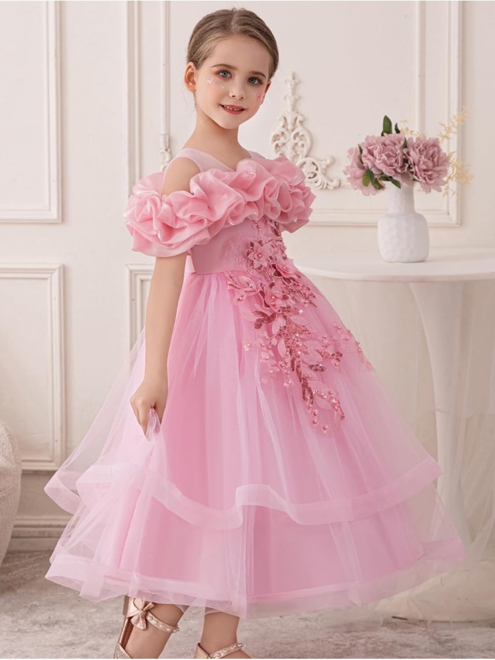 Pink Floral Ruffle Tulle Party Dress - Picture 4 of 7
